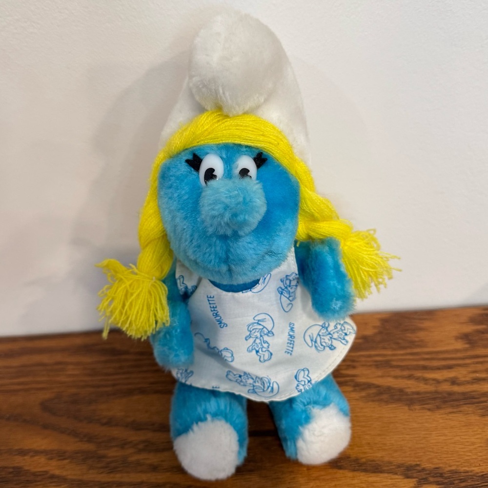EUC Vintage 1981 Plush 8” Smurfette Smurf Girl Blonde Hair Braids White Dress
